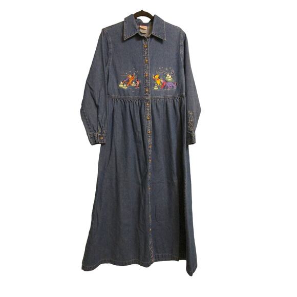 Disney Womens Shirt Dress Blue Denim Long Sleeve Embroidered Winnie The Pooh M - Picture 1 of 14